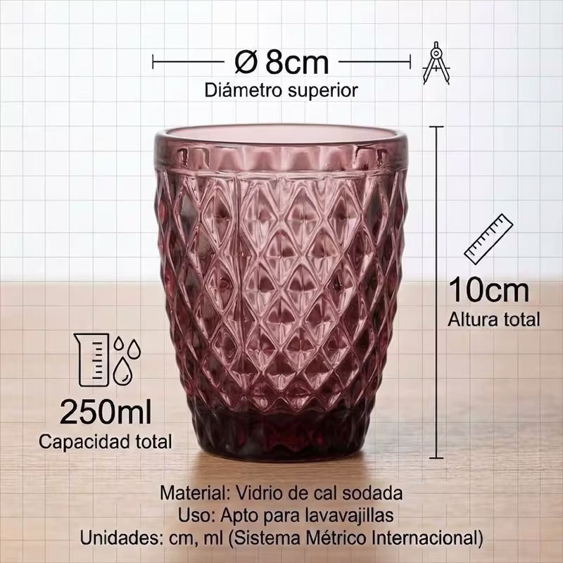 Set de 6 Vasos de Cristal 250ml | Diseño de Diamante Elegante | Aptos para Lavavajillas | Vidrio Sin Plomo para Agua y Refrescos
