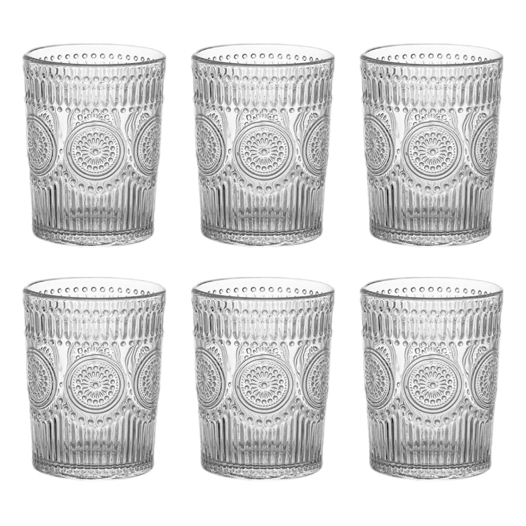 Set de 6 Vasos Transparentes de Cristales de 300ml con Patrón Girasol, Aptos para Lavavajillas