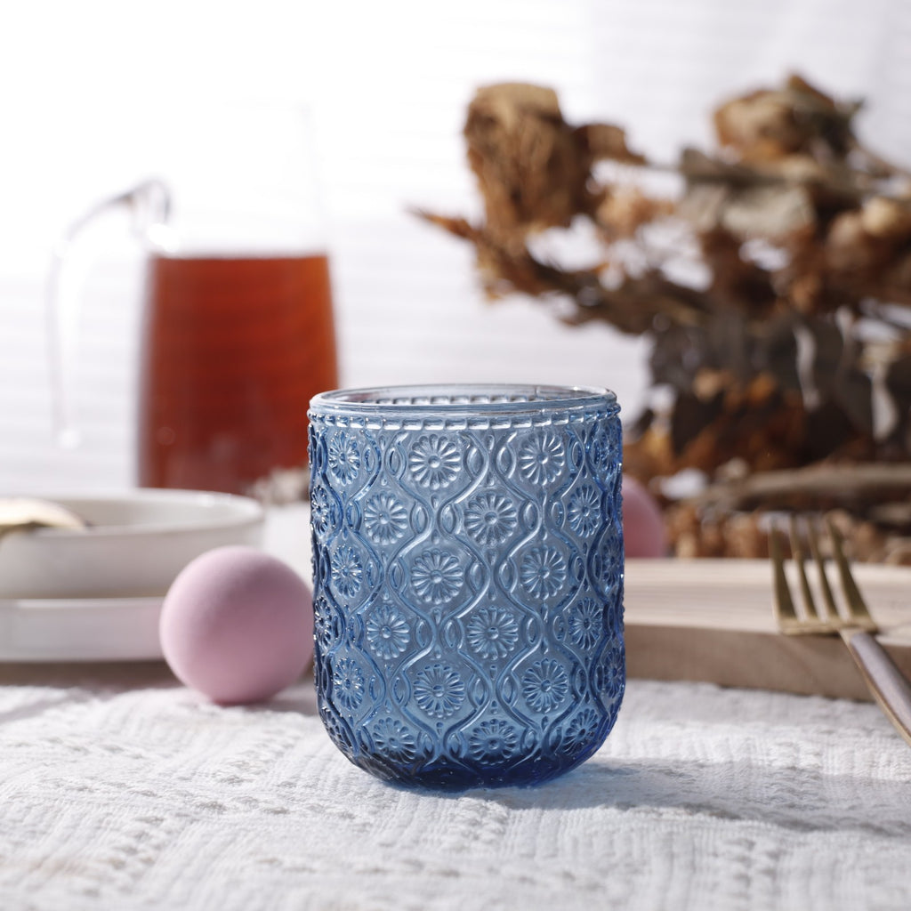 Set de 6 Vasos Colores de 250ml, Vaso de Cristal agua y Bebidas Alcohólicas con Patrón Girasol ,Aptos para lavavajillas