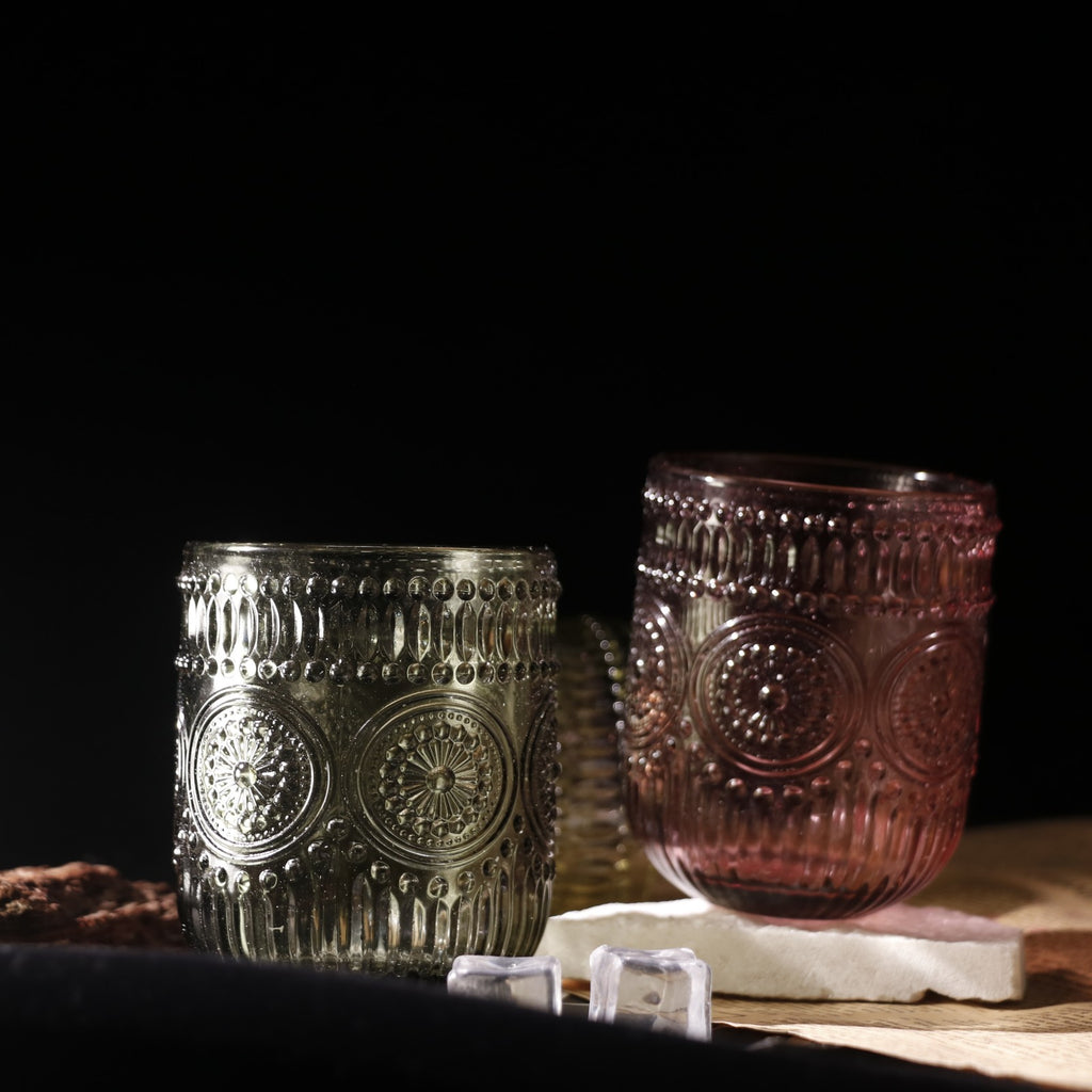 Set de 6 Vasos Colores de 250ml, Vaso de Cristal agua y Bebidas Alcohólicas con Patrón Girasol ,Aptos para lavavajillas