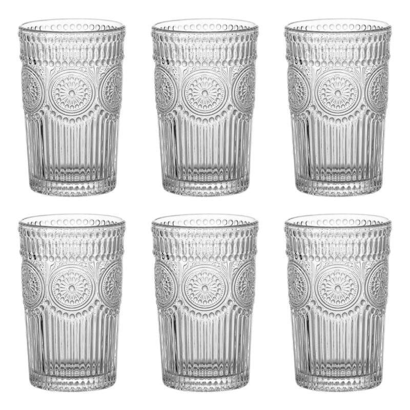 Set de 6 Vasos Transparentes de Cristales de 330ml con Patrón Girasol, Aptos para Lavavajillas