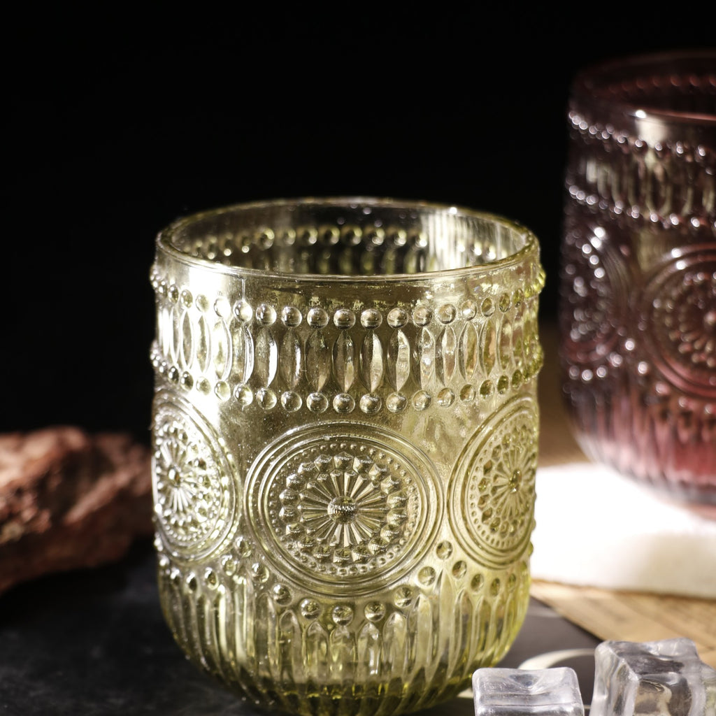 Set de 6 Vasos Colores de 250ml, Vaso de Cristal agua y Bebidas Alcohólicas con Patrón Girasol ,Aptos para lavavajillas