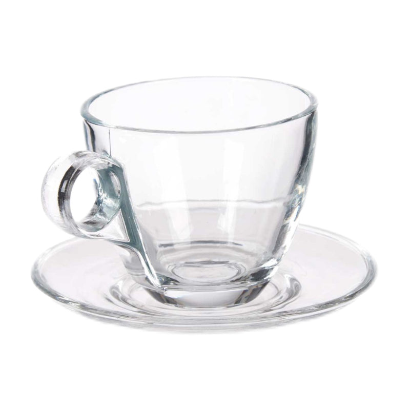Set de 6 Tazas Transparentes de cristal agua de 170ml con plato para Café Cortado, Café Espresso, Taza de Vidrio,Tazas de Café, Agua, Bebida y Alcohol, Aptas para Lavavajillas