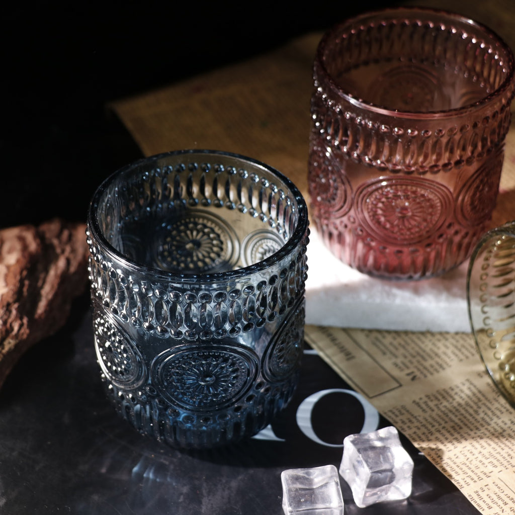 Set de 6 Vasos Colores de 250ml, Vaso de Cristal agua y Bebidas Alcohólicas con Patrón Girasol ,Aptos para lavavajillas