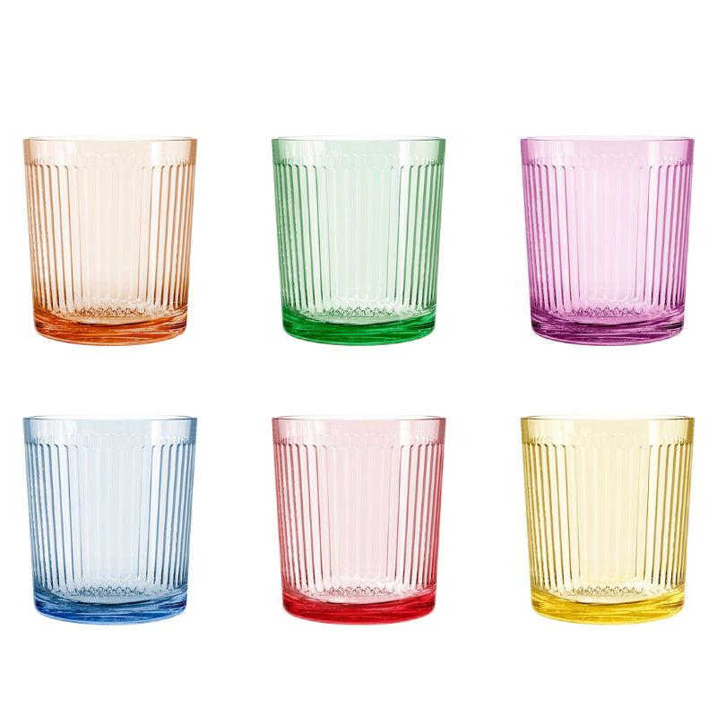 Set de 6 Vasos Colores de 360ml, Vaso de Cristal agua y Bebidas Alcohólicas,l,Aptos para lavavajillas