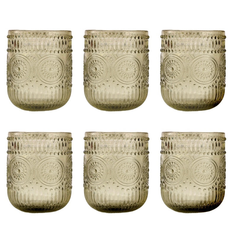Set de 6 Vasos Colores de 250ml, Vaso de Cristal agua y Bebidas Alcohólicas con Patrón Girasol ,Aptos para lavavajillas