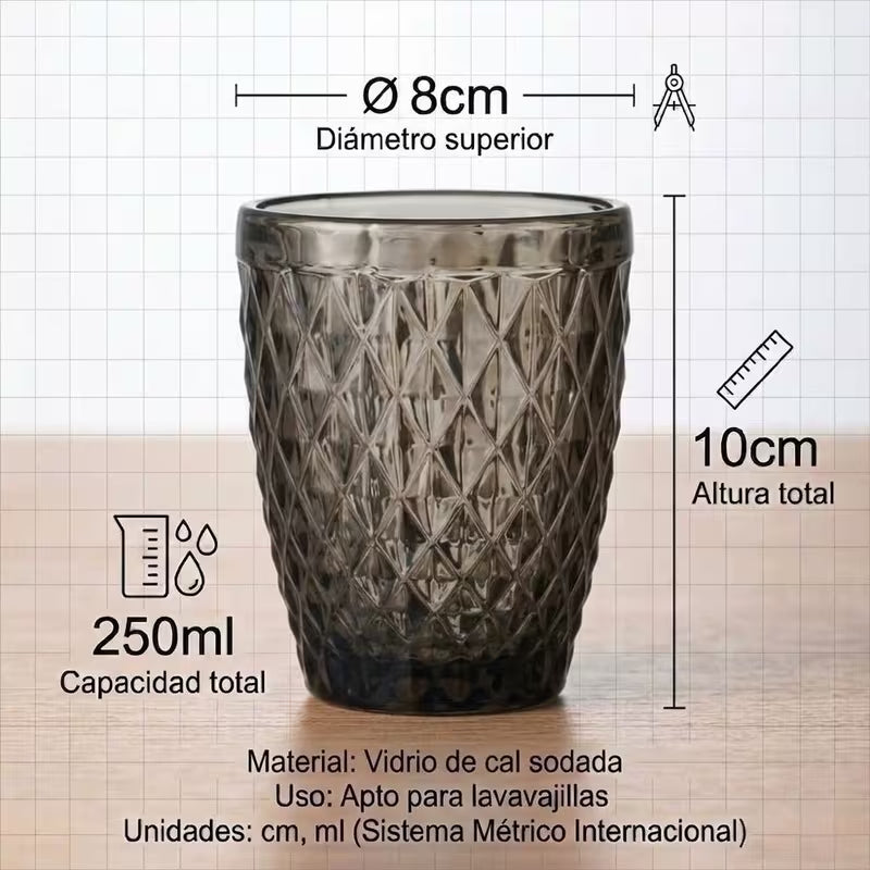 Set de 6 Vasos de Cristal 250ml | Diseño de Diamante Elegante | Aptos para Lavavajillas | Vidrio Sin Plomo para Agua y Refrescos