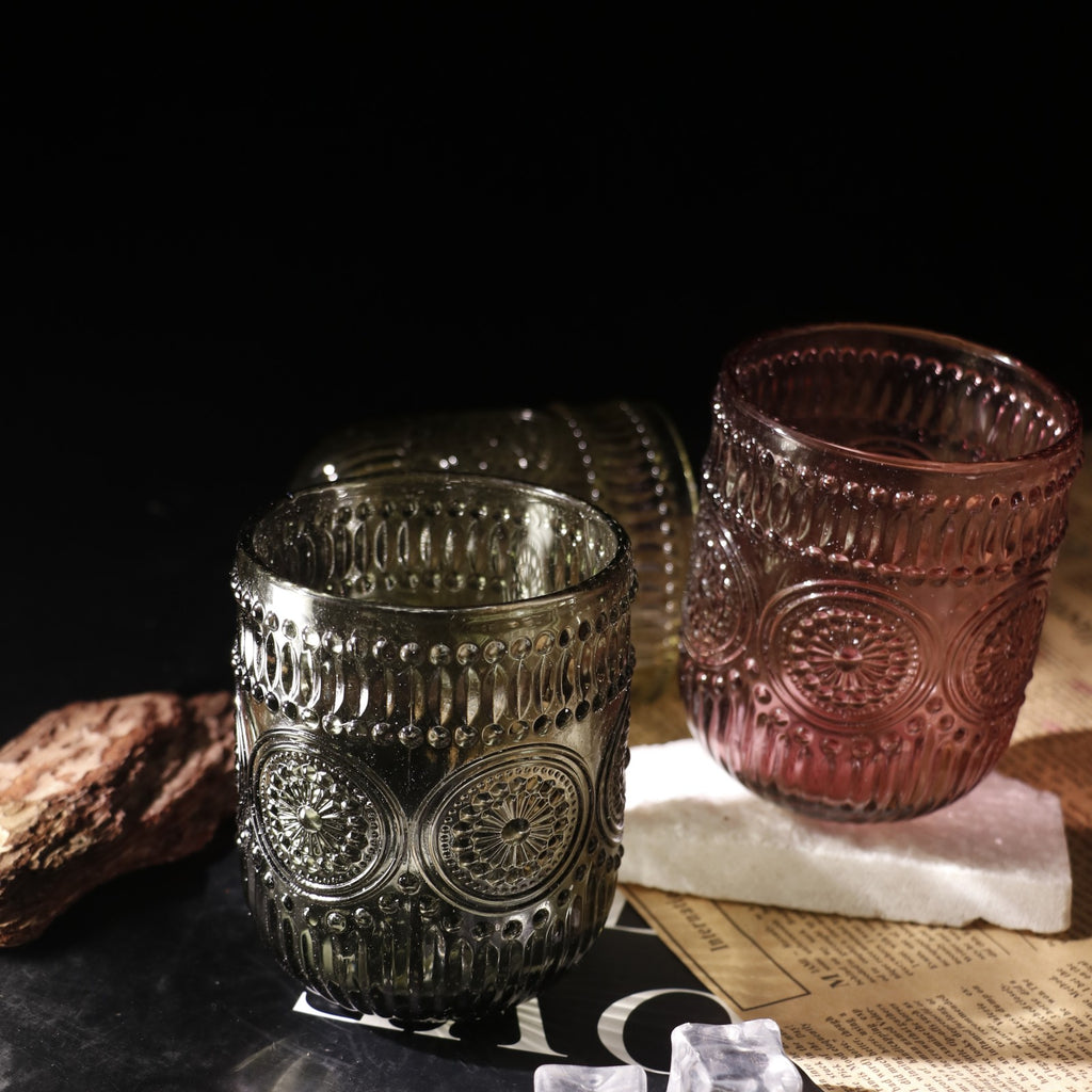 Set de 6 Vasos Colores de 250ml, Vaso de Cristal agua y Bebidas Alcohólicas con Patrón Girasol ,Aptos para lavavajillas