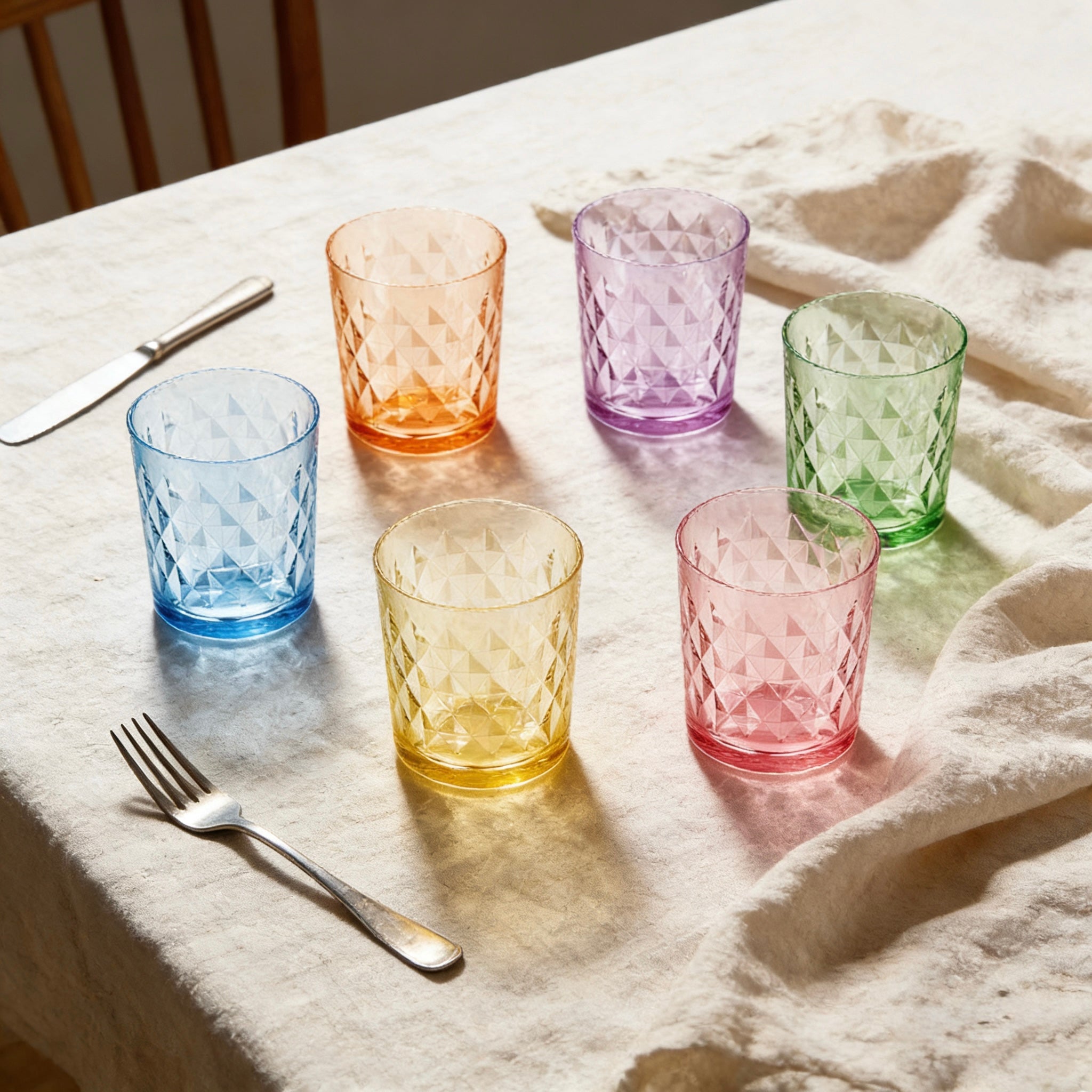 Set de 6 Vasos Colores de 360ml, Vaso de Cristal agua y Bebidas Alcohólicas,l,Aptos para lavavajillas
