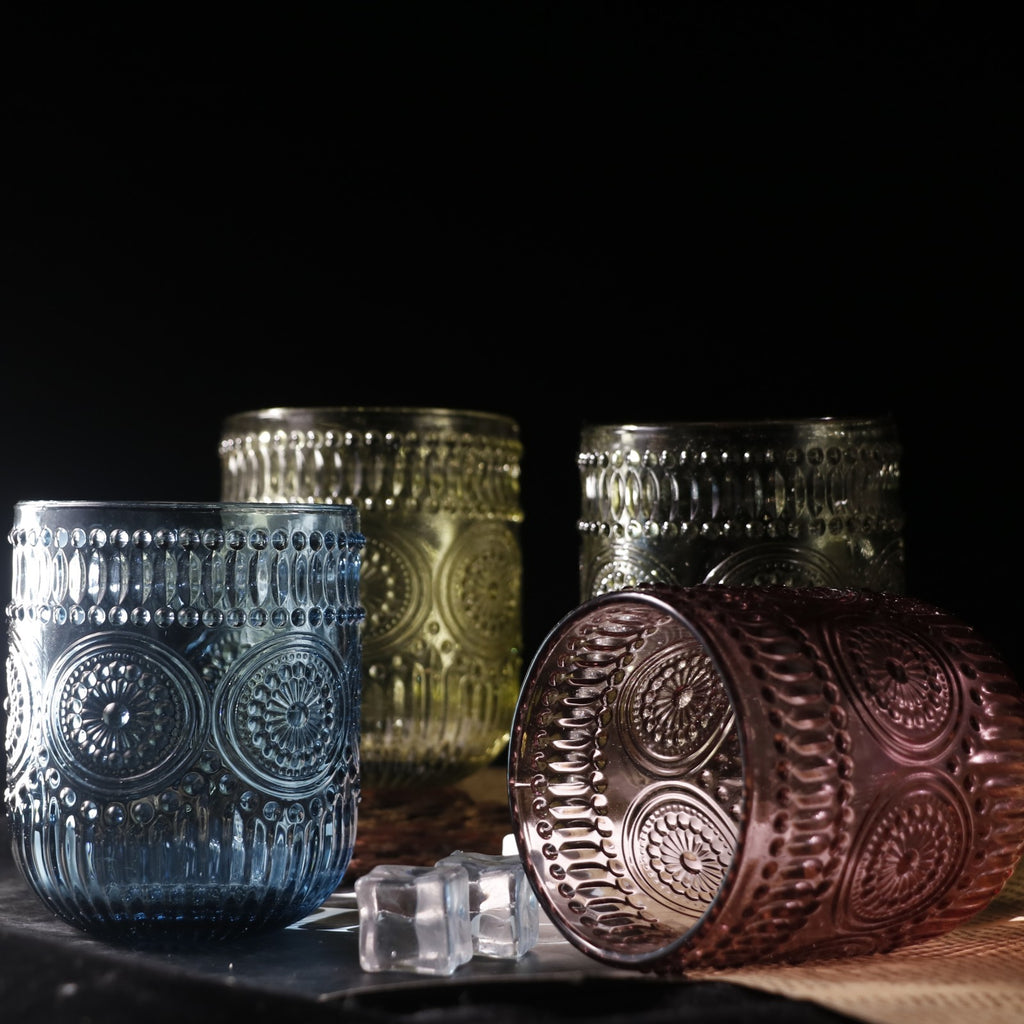 Set de 4 Vasos Colores de 250ml, Vaso de Cristal agua y Bebidas Alcohólicas con Patrón Girasol ,Aptos para lavavajillas