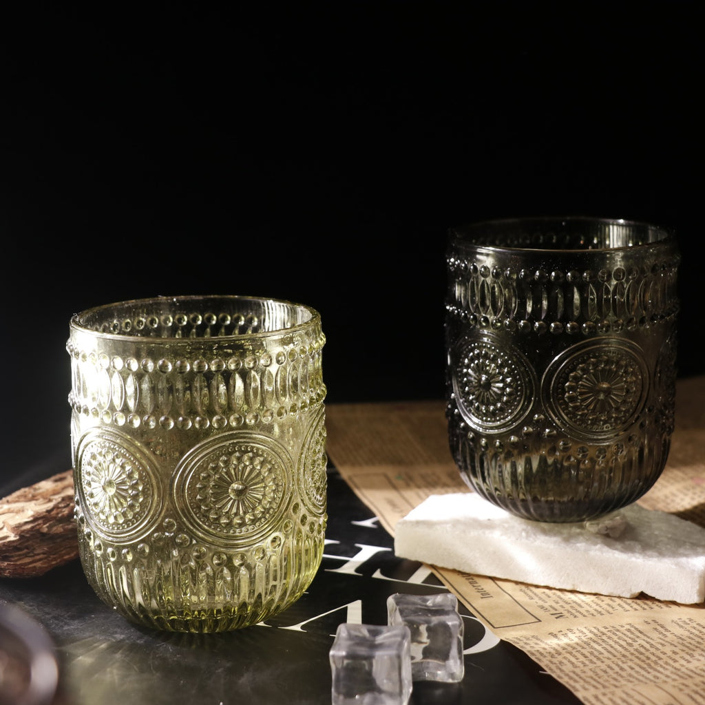 Set de 6 Vasos Colores de 250ml, Vaso de Cristal agua y Bebidas Alcohólicas con Patrón Girasol ,Aptos para lavavajillas