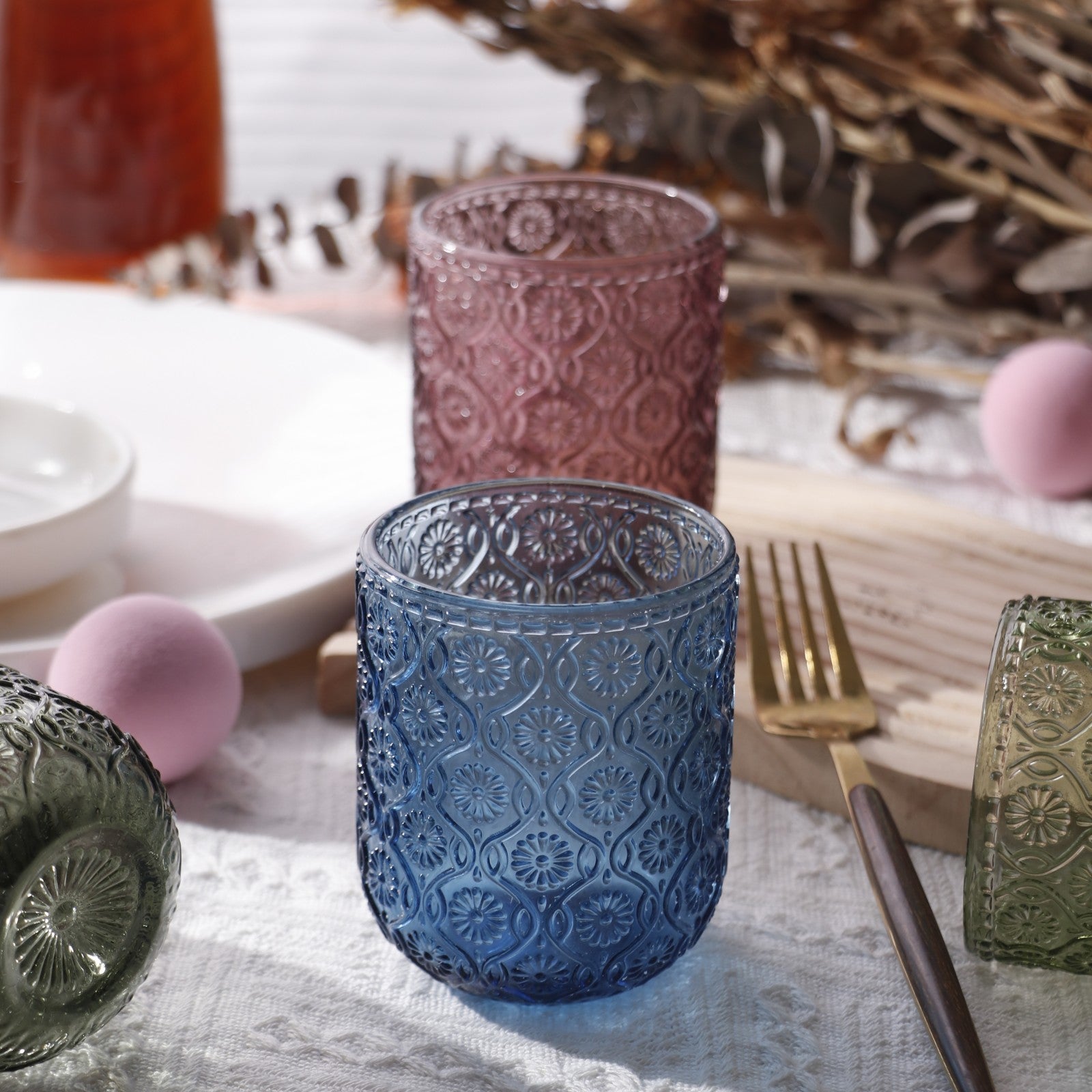 Set de 6 Vasos Colores de 250ml, Vaso de Cristal agua y Bebidas Alcohólicas con Patrón Girasol ,Aptos para lavavajillas