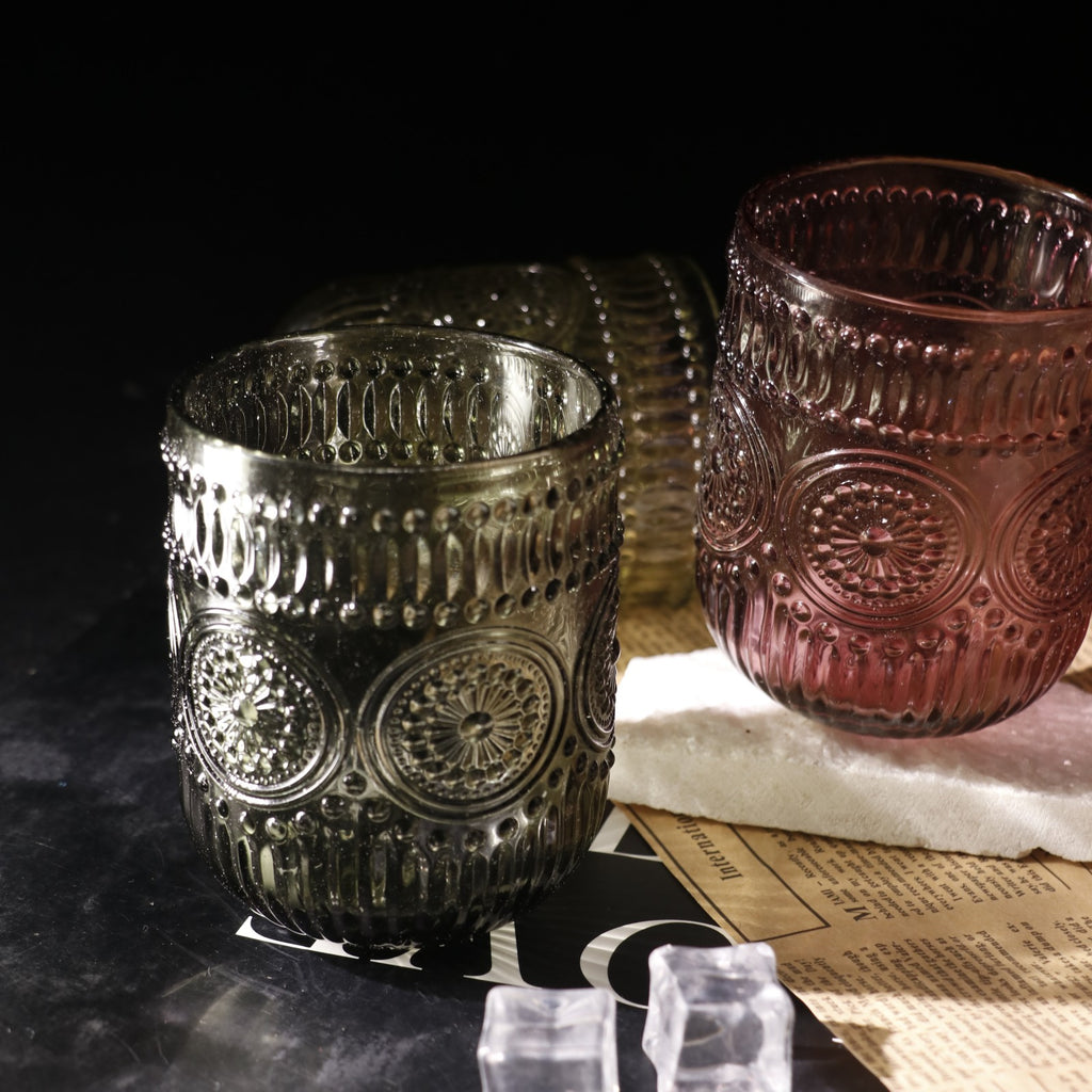 Set de 6 Vasos Colores de 250ml, Vaso de Cristal agua y Bebidas Alcohólicas con Patrón Girasol ,Aptos para lavavajillas