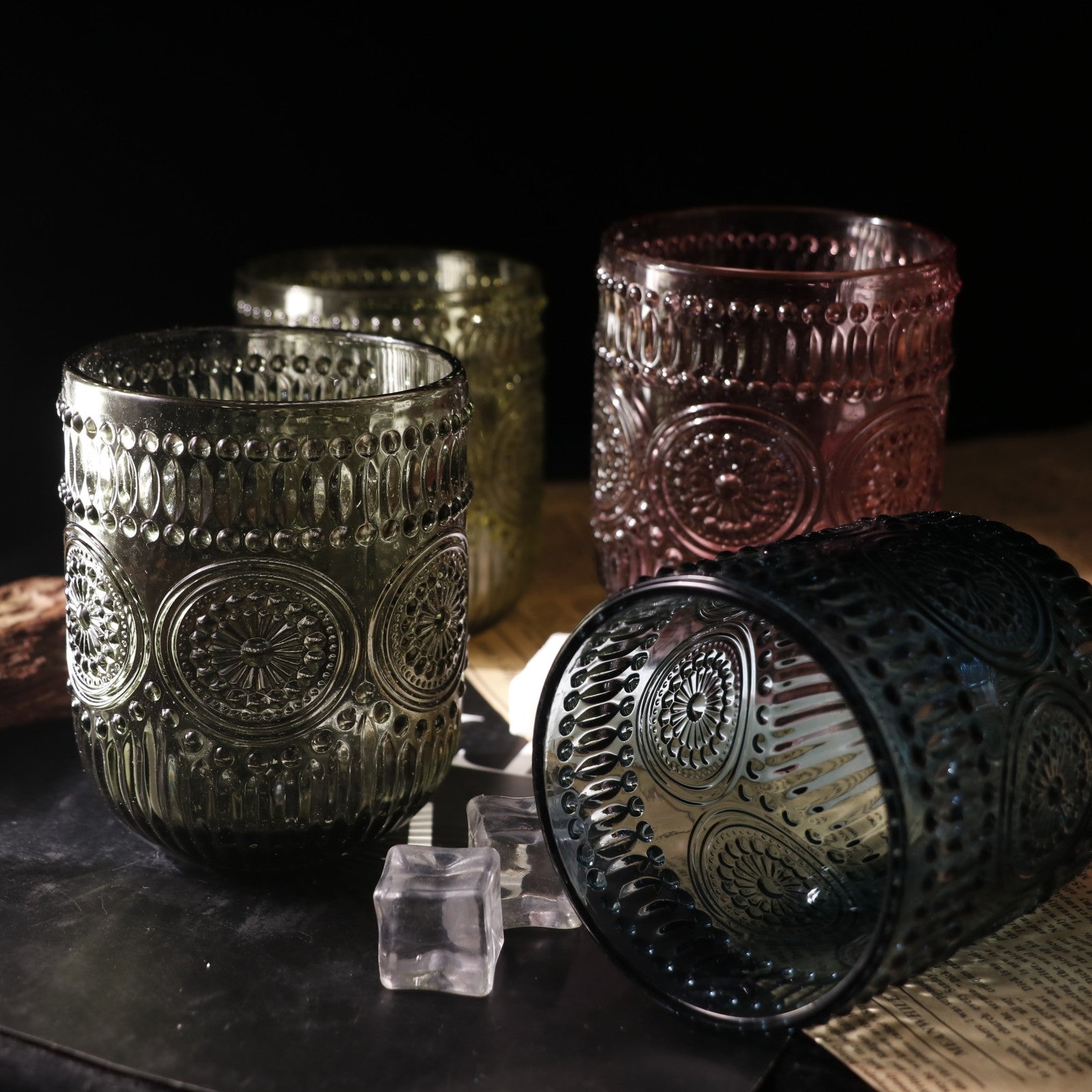 Set de 4 Vasos Colores de 250ml, Vaso de Cristal agua y Bebidas Alcohólicas con Patrón Girasol ,Aptos para lavavajillas