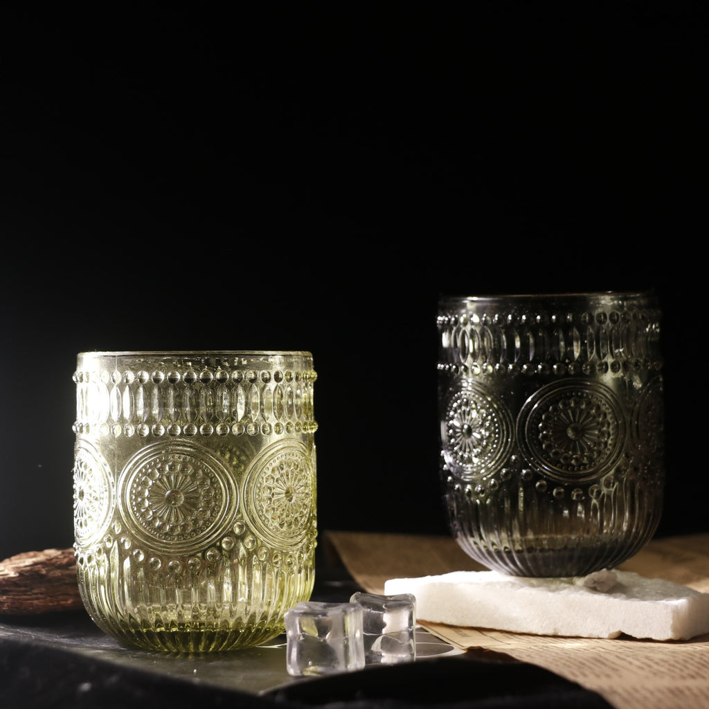 Set de 6 Vasos Colores de 250ml, Vaso de Cristal agua y Bebidas Alcohólicas con Patrón Girasol ,Aptos para lavavajillas