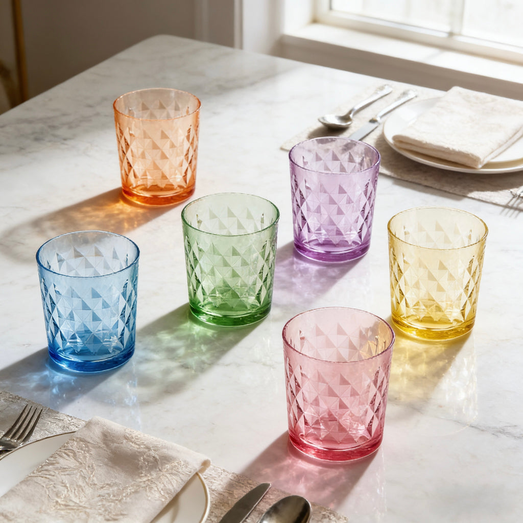 Set de 6 Vasos Colores de 360ml, Vaso de Cristal agua y Bebidas Alcohólicas,l,Aptos para lavavajillas