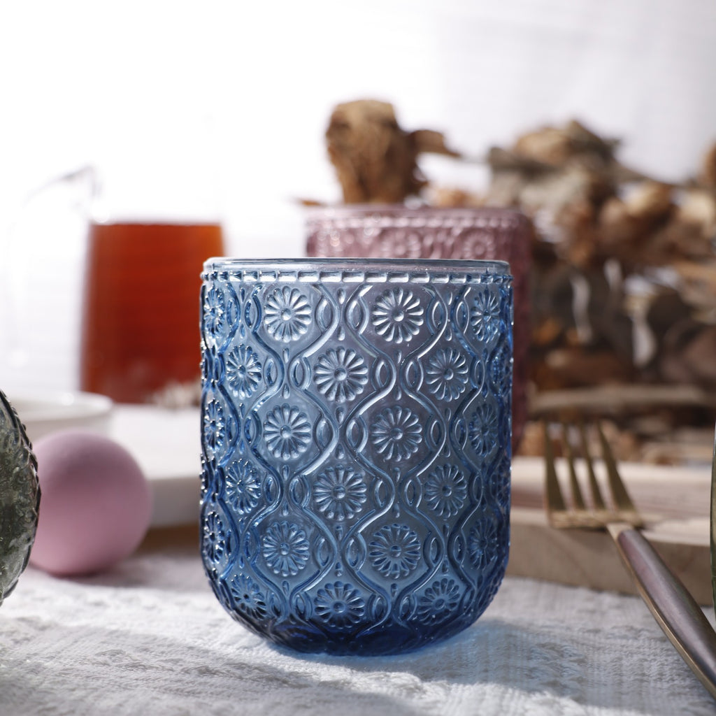 Set de 6 Vasos Colores de 250ml, Vaso de Cristal agua y Bebidas Alcohólicas con Patrón Girasol ,Aptos para lavavajillas