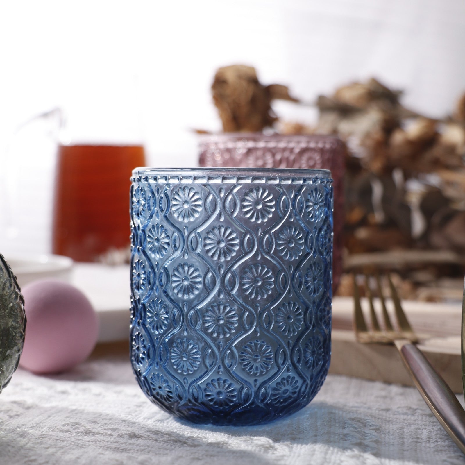 Set de 6 Vasos Colores de 250ml, Vaso de Cristal agua y Bebidas Alcohólicas con Patrón Girasol ,Aptos para lavavajillas