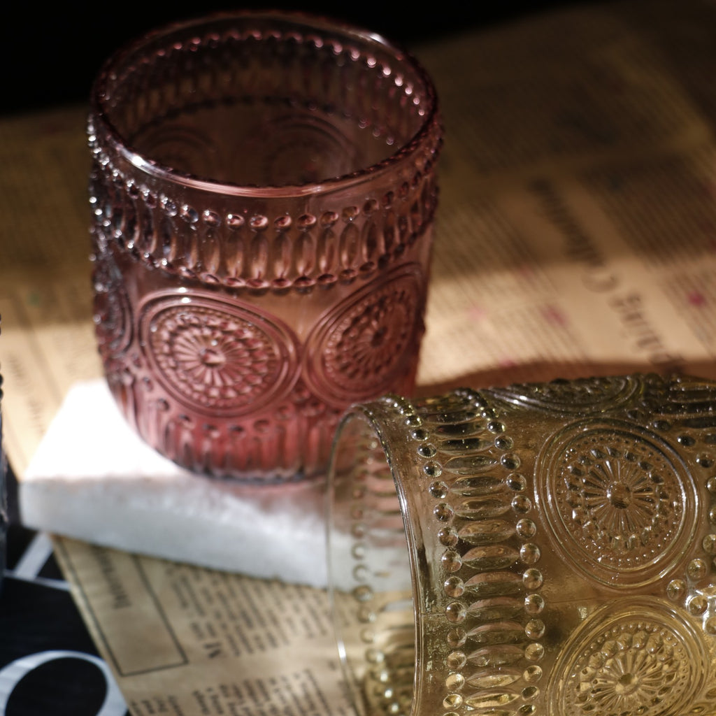 Set de 6 Vasos Colores de 250ml, Vaso de Cristal agua y Bebidas Alcohólicas con Patrón Girasol ,Aptos para lavavajillas