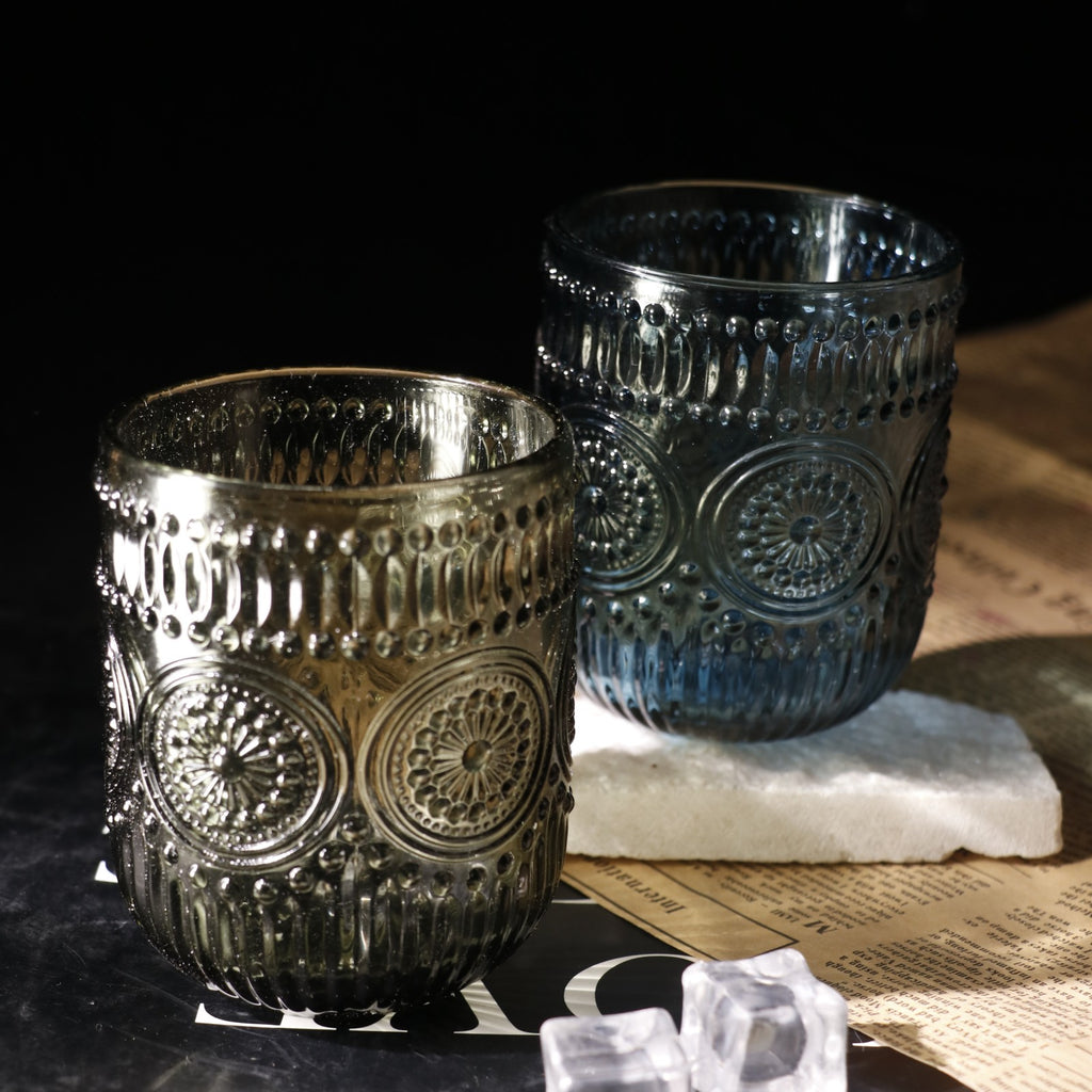 Set de 6 Vasos Colores de 250ml, Vaso de Cristal agua y Bebidas Alcohólicas con Patrón Girasol ,Aptos para lavavajillas