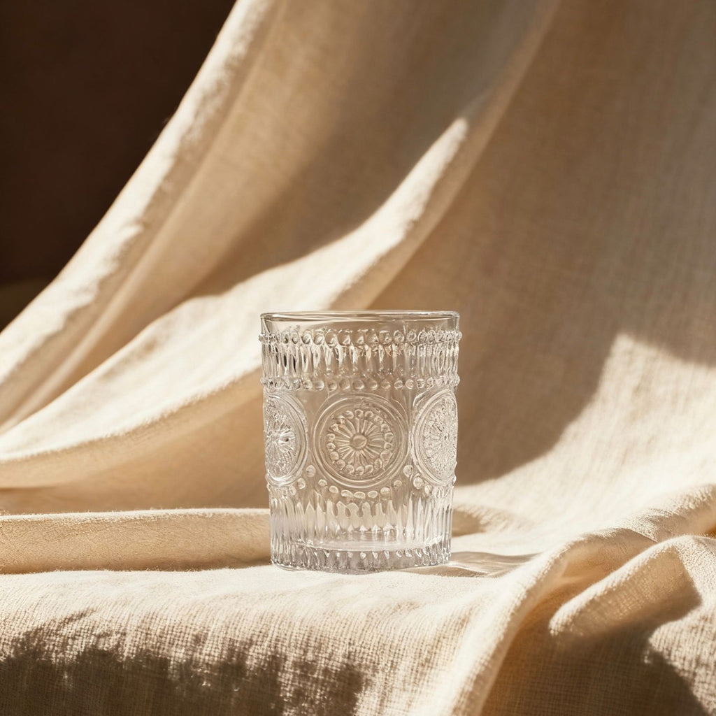 Set de 6 Vasos Transparentes de Cristales de 300ml con Patrón Girasol, Aptos para Lavavajillas