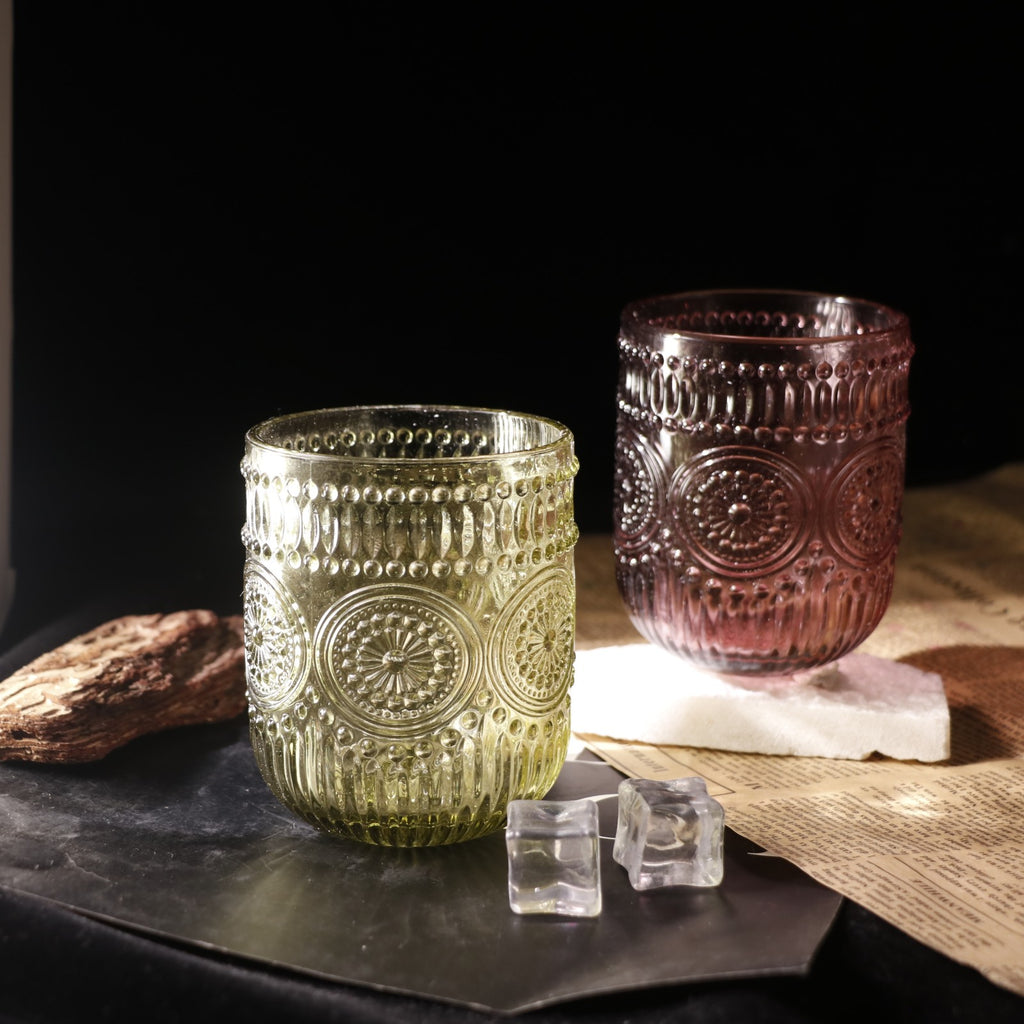 Set de 6 Vasos Colores de 250ml, Vaso de Cristal agua y Bebidas Alcohólicas con Patrón Girasol ,Aptos para lavavajillas