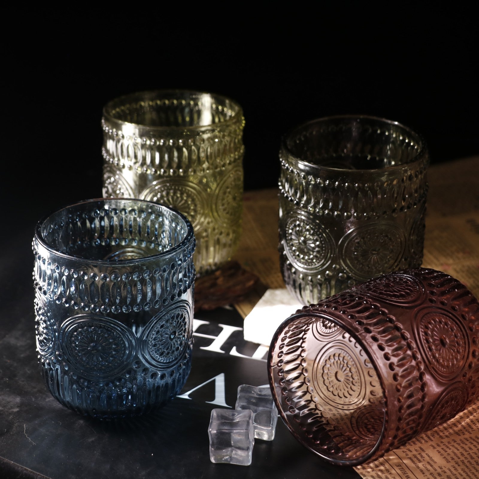 Set de 4 Vasos Colores de 250ml, Vaso de Cristal agua y Bebidas Alcohólicas con Patrón Girasol ,Aptos para lavavajillas