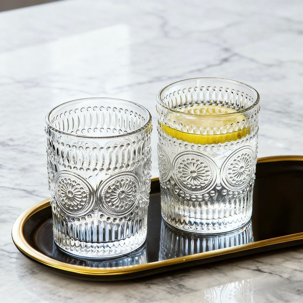Set de 6 Vasos Transparentes de Cristales de 300ml con Patrón Girasol, Aptos para Lavavajillas