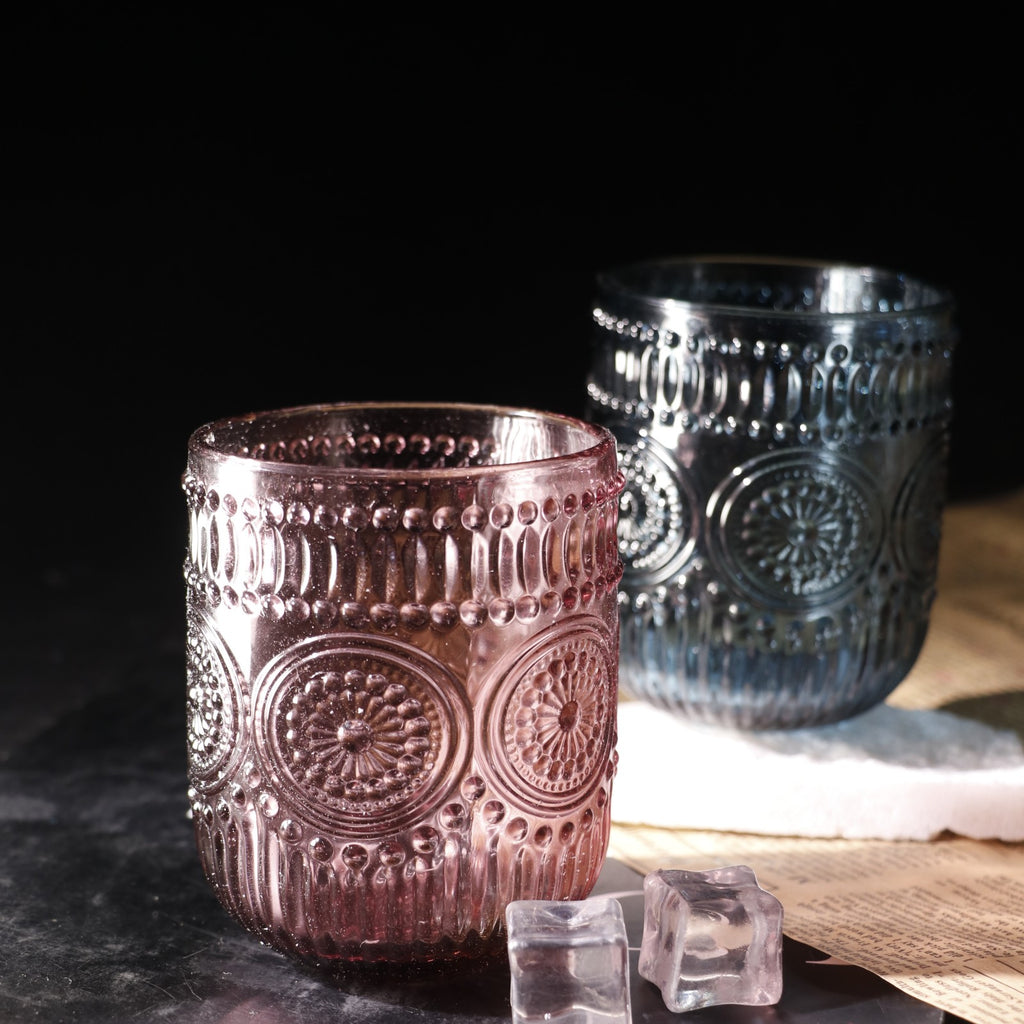 Set de 6 Vasos Colores de 250ml, Vaso de Cristal agua y Bebidas Alcohólicas con Patrón Girasol ,Aptos para lavavajillas