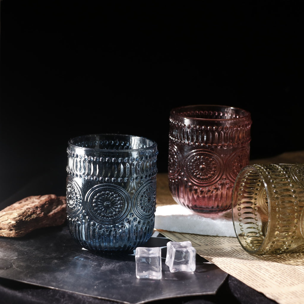 Set de 6 Vasos Colores de 250ml, Vaso de Cristal agua y Bebidas Alcohólicas con Patrón Girasol ,Aptos para lavavajillas