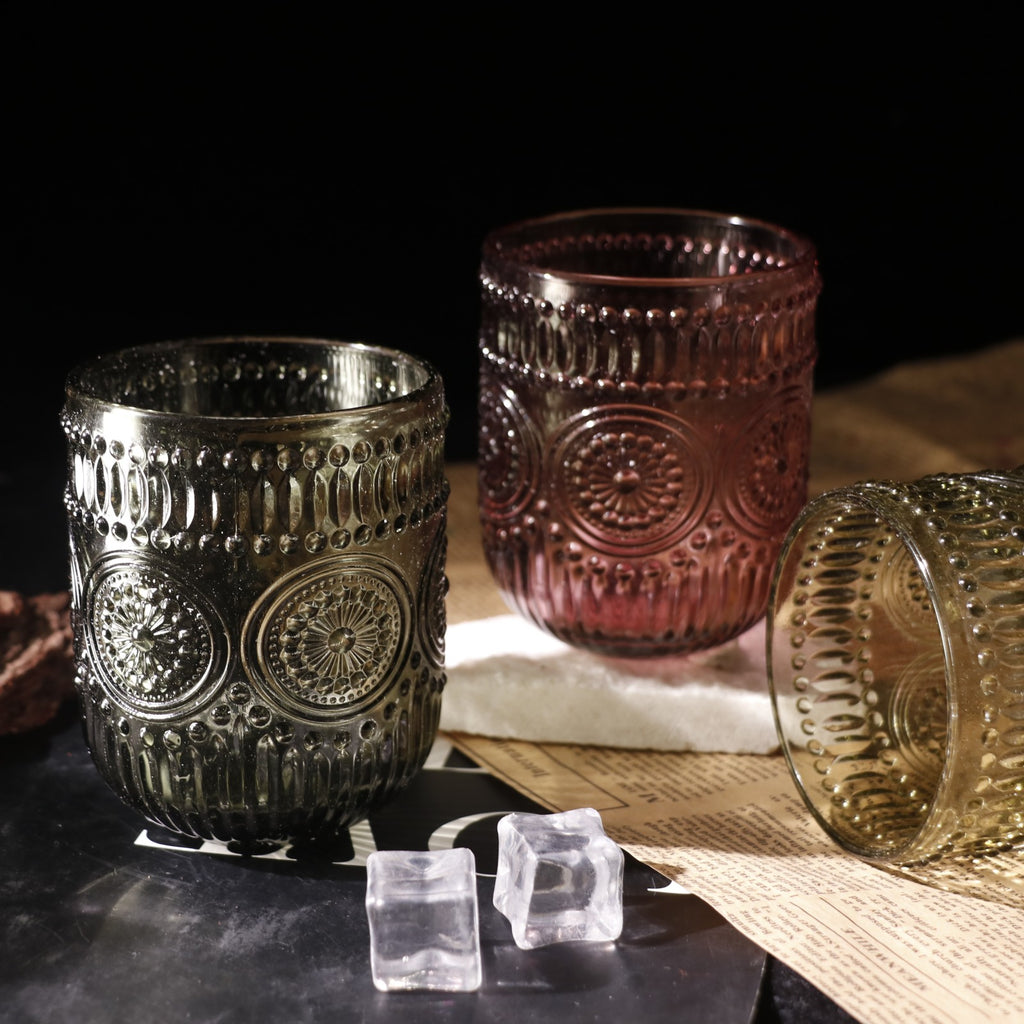 Set de 6 Vasos Colores de 250ml, Vaso de Cristal agua y Bebidas Alcohólicas con Patrón Girasol ,Aptos para lavavajillas