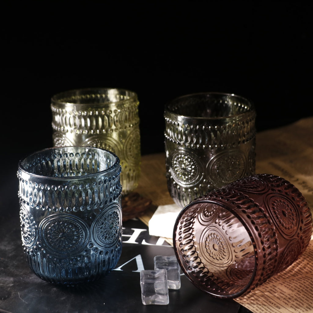 Set de 4 Vasos Colores de 250ml, Vaso de Cristal agua y Bebidas Alcohólicas con Patrón Girasol ,Aptos para lavavajillas
