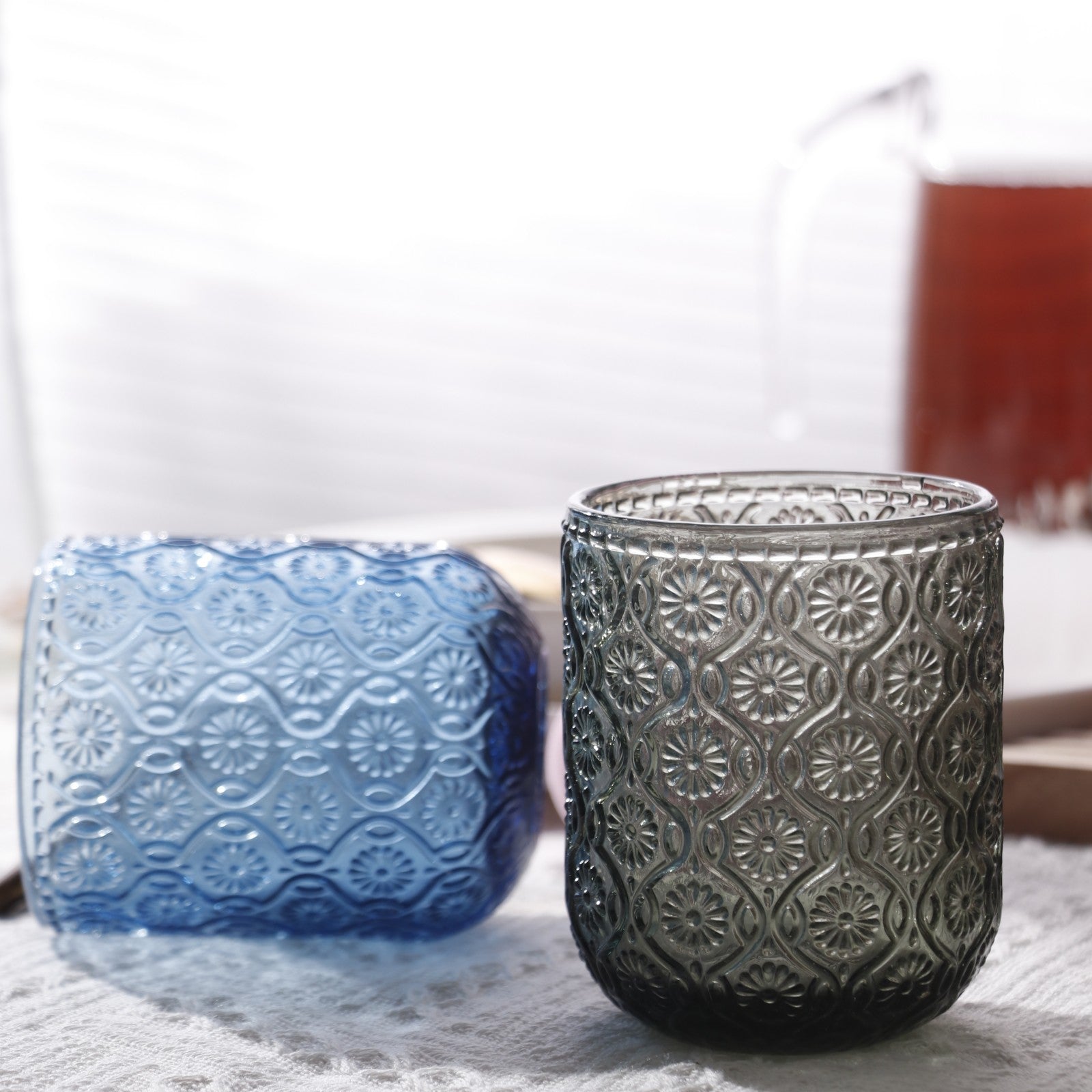 Set de 6 Vasos Colores de 250ml, Vaso de Cristal agua y Bebidas Alcohólicas con Patrón Girasol ,Aptos para lavavajillas