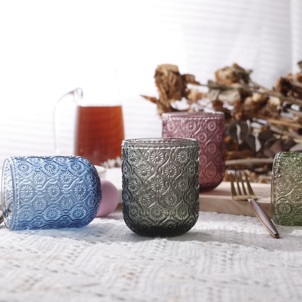 Set de 6 Vasos Colores de 250ml, Vaso de Cristal agua y Bebidas Alcohólicas con Patrón Girasol ,Aptos para lavavajillas