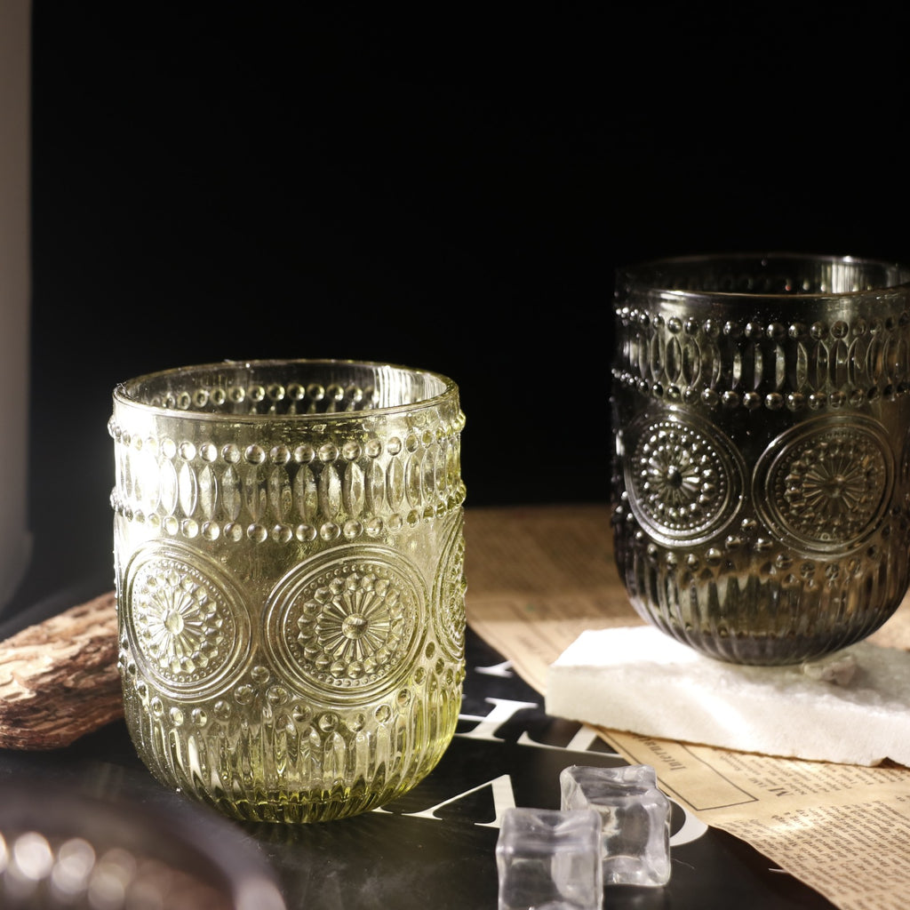 Set de 6 Vasos Colores de 250ml, Vaso de Cristal agua y Bebidas Alcohólicas con Patrón Girasol ,Aptos para lavavajillas