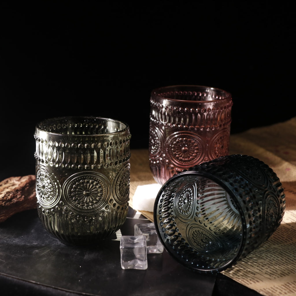 Set de 6 Vasos Colores de 250ml, Vaso de Cristal agua y Bebidas Alcohólicas con Patrón Girasol ,Aptos para lavavajillas