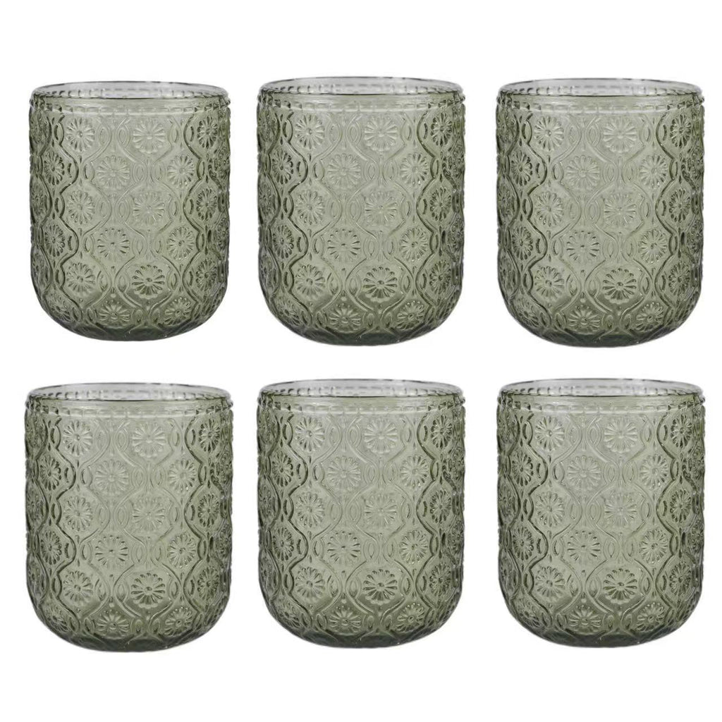 Set de 6 Vasos Colores de 250ml, Vaso de Cristal agua y Bebidas Alcohólicas con Patrón Girasol ,Aptos para lavavajillas