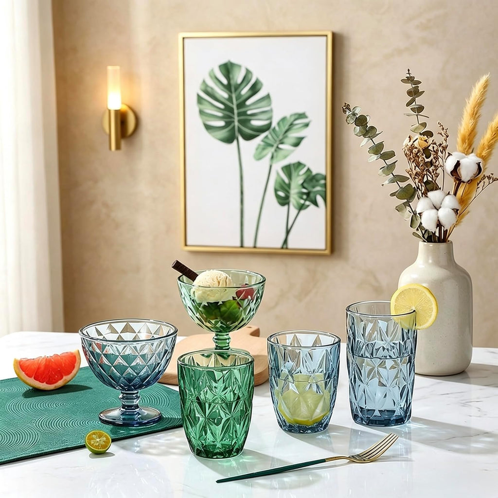 Set de 6 Vasos Colores o Transparente, Vaso de Cristal agua de 300 ml, Vaso de Agua y Bebidas, Aptos para Lavavajillas (Verde)