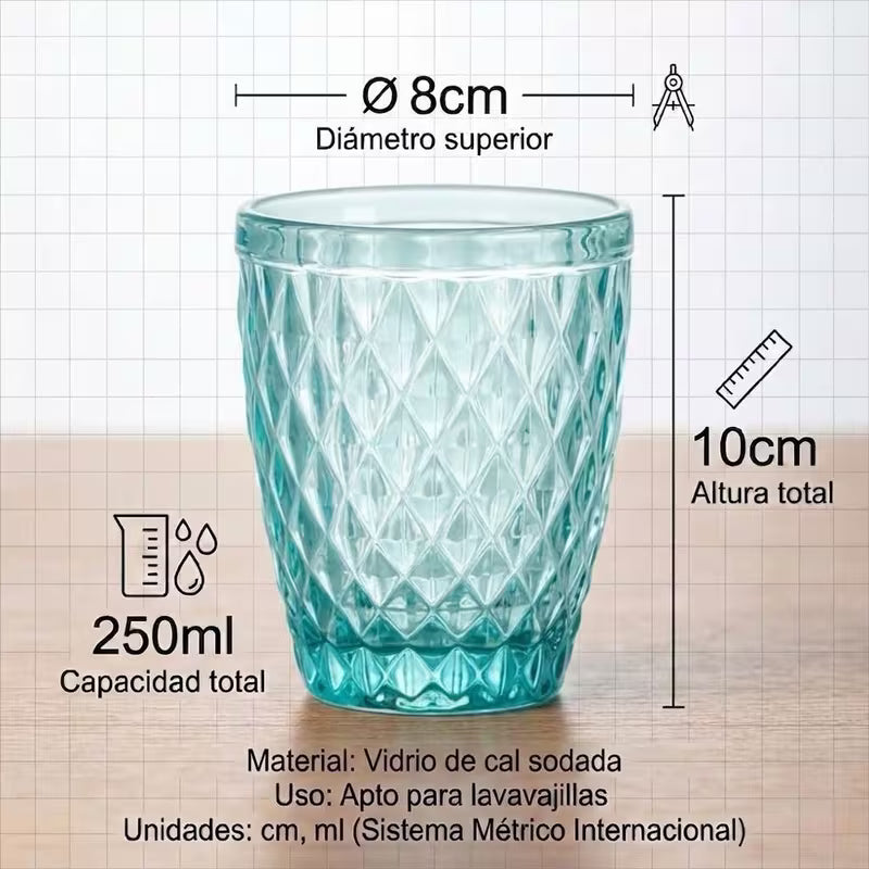 Set de 6 Vasos de Cristal 250ml | Diseño de Diamante Elegante | Aptos para Lavavajillas | Vidrio Sin Plomo para Agua y Refrescos