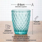 Set de 6 Vasos de Cristal 250ml | Diseño de Diamante Elegante | Aptos para Lavavajillas | Vidrio Sin Plomo para Agua y Refrescos