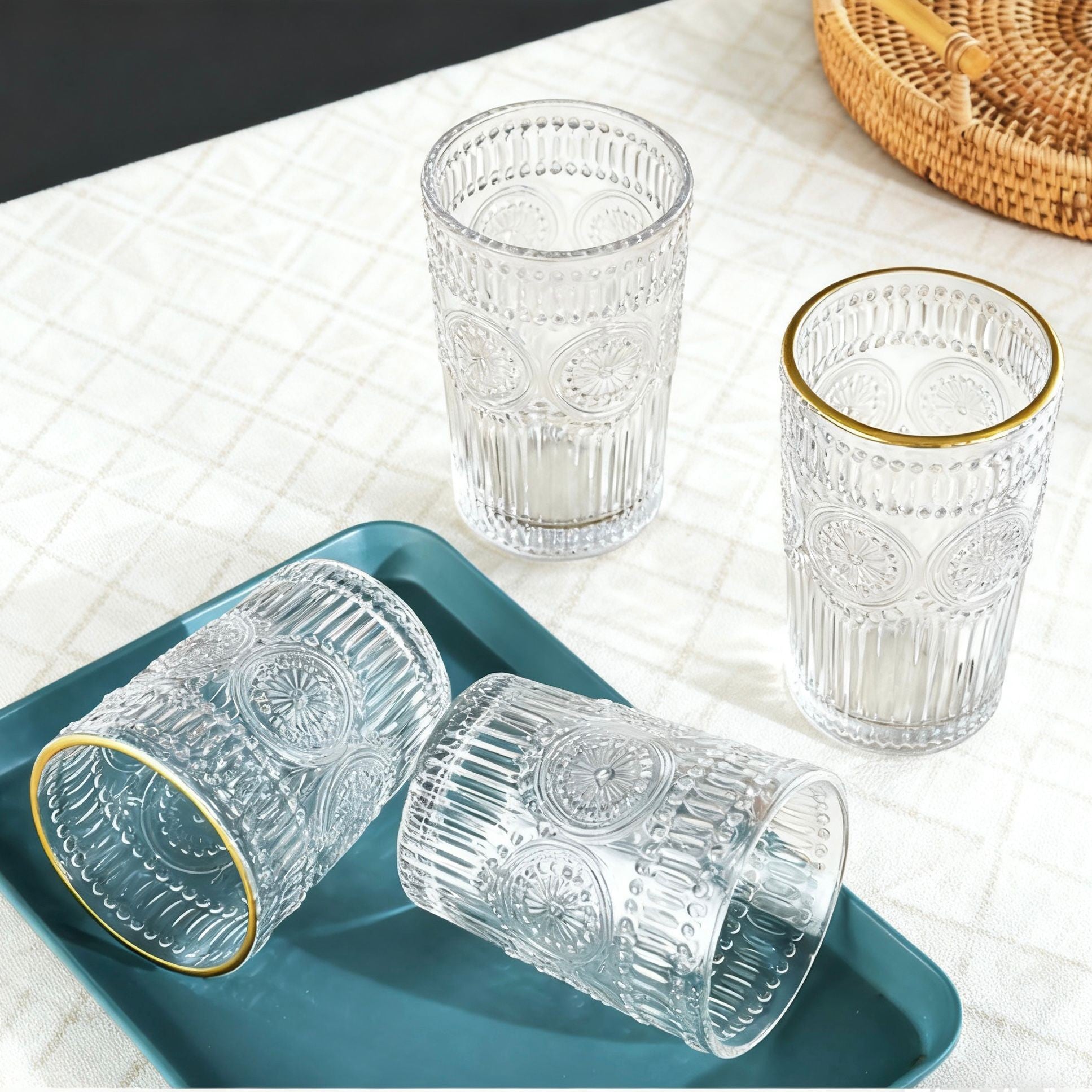 Set de 6 Vasos Transparentes de Cristales de 300ml con Patrón Girasol, Aptos para Lavavajillas