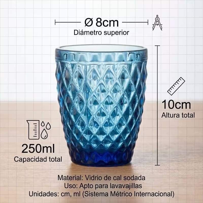 Set de 6 Vasos de Cristal 250ml | Diseño de Diamante Elegante | Aptos para Lavavajillas | Vidrio Sin Plomo para Agua y Refrescos