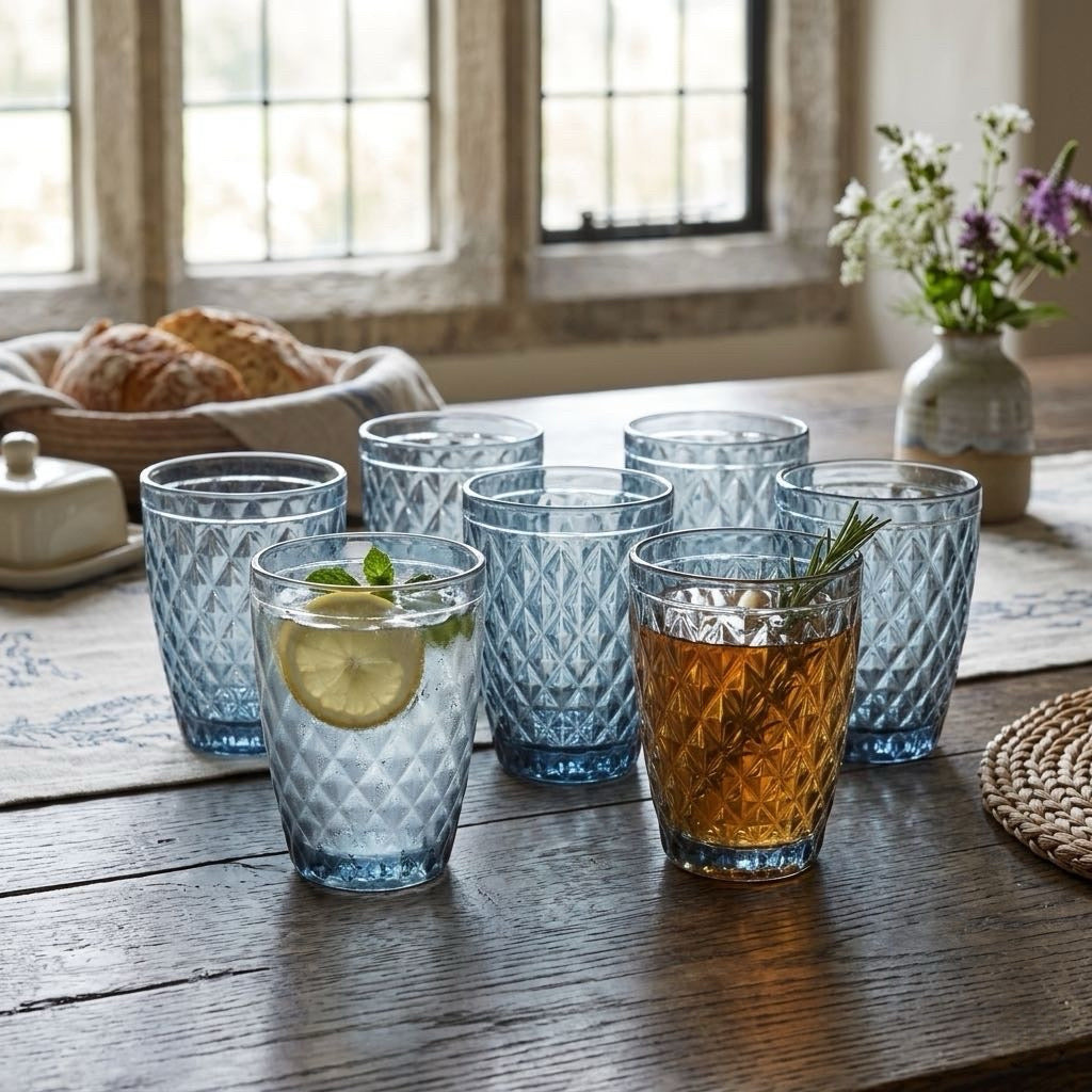 Set de 6 Vasos de Cristal 250ml | Diseño de Diamante Elegante | Aptos para Lavavajillas | Vidrio Sin Plomo para Agua y Refrescos