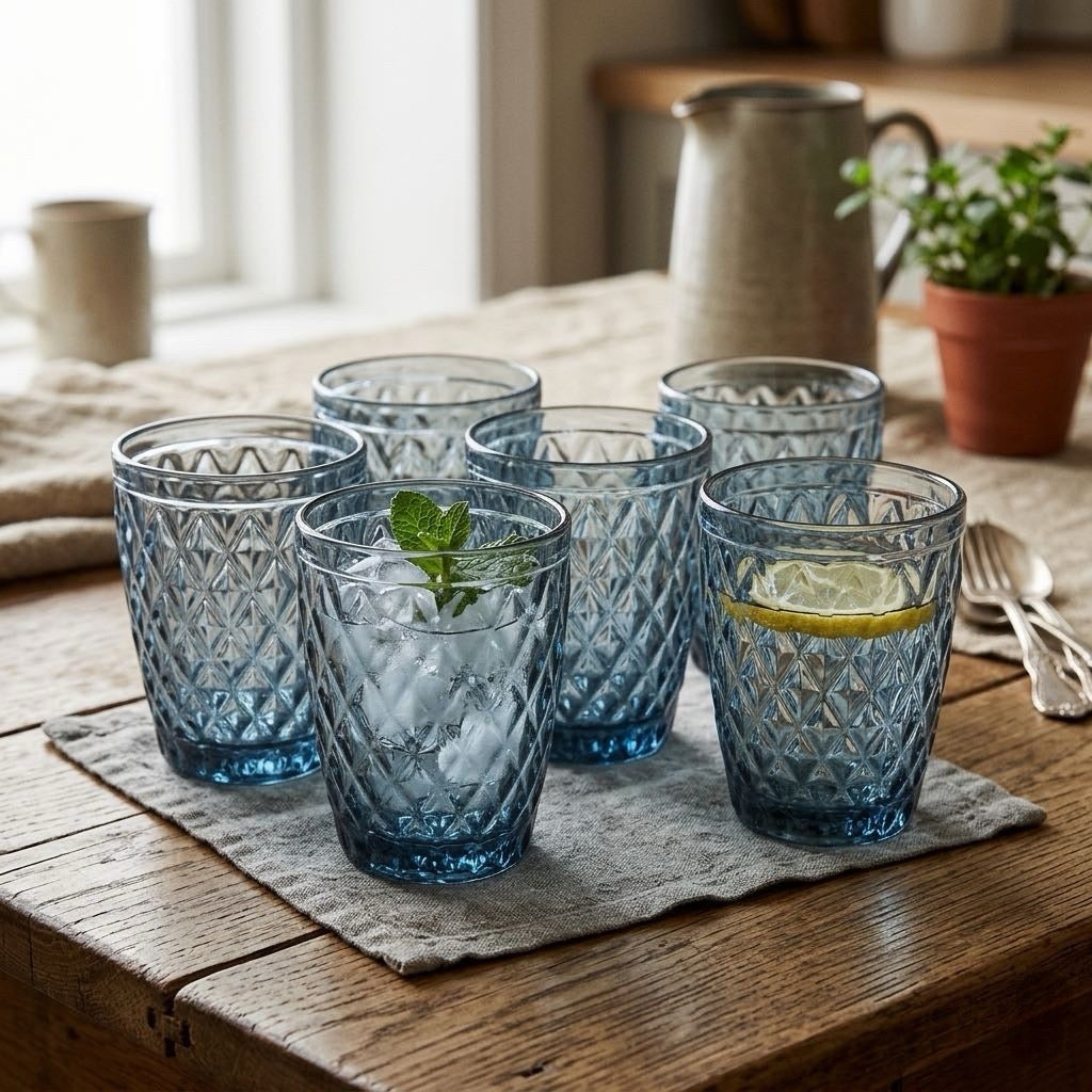 Set de 6 Vasos de Cristal 250ml | Diseño de Diamante Elegante | Aptos para Lavavajillas | Vidrio Sin Plomo para Agua y Refrescos