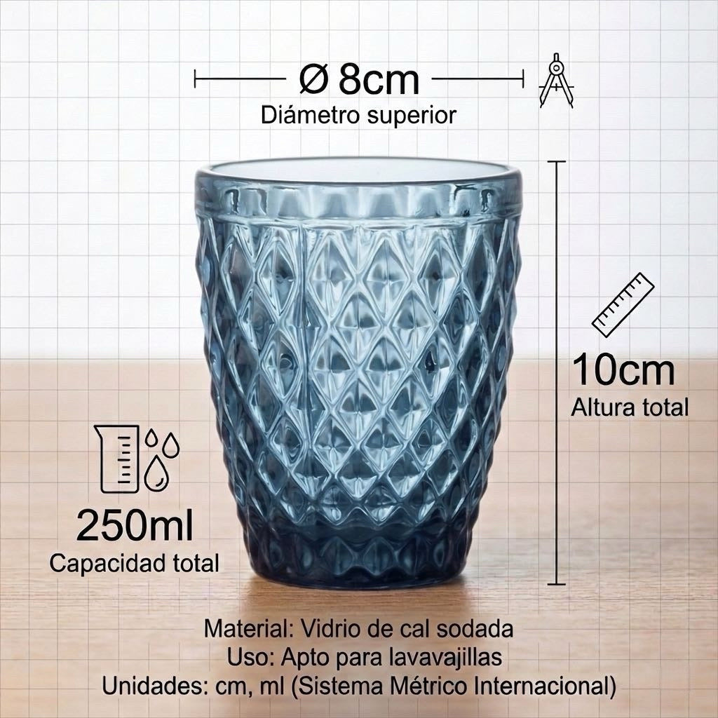 Set de 6 Vasos de Cristal 250ml | Diseño de Diamante Elegante | Aptos para Lavavajillas | Vidrio Sin Plomo para Agua y Refrescos