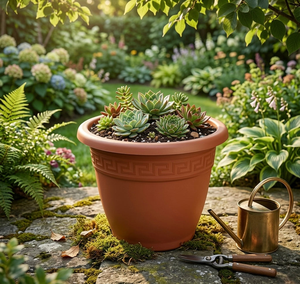 Set de 6 Macetas de Plástico con 6 Platos (14cm, 16cm,18cm, 20cm, 25cm, 30cm, 35cm o 40cm) Diseño elegante para Interiores y Exteriores, Patio y Decoración, Ideal para Verduras y Flores ,Maceteros de Jardín