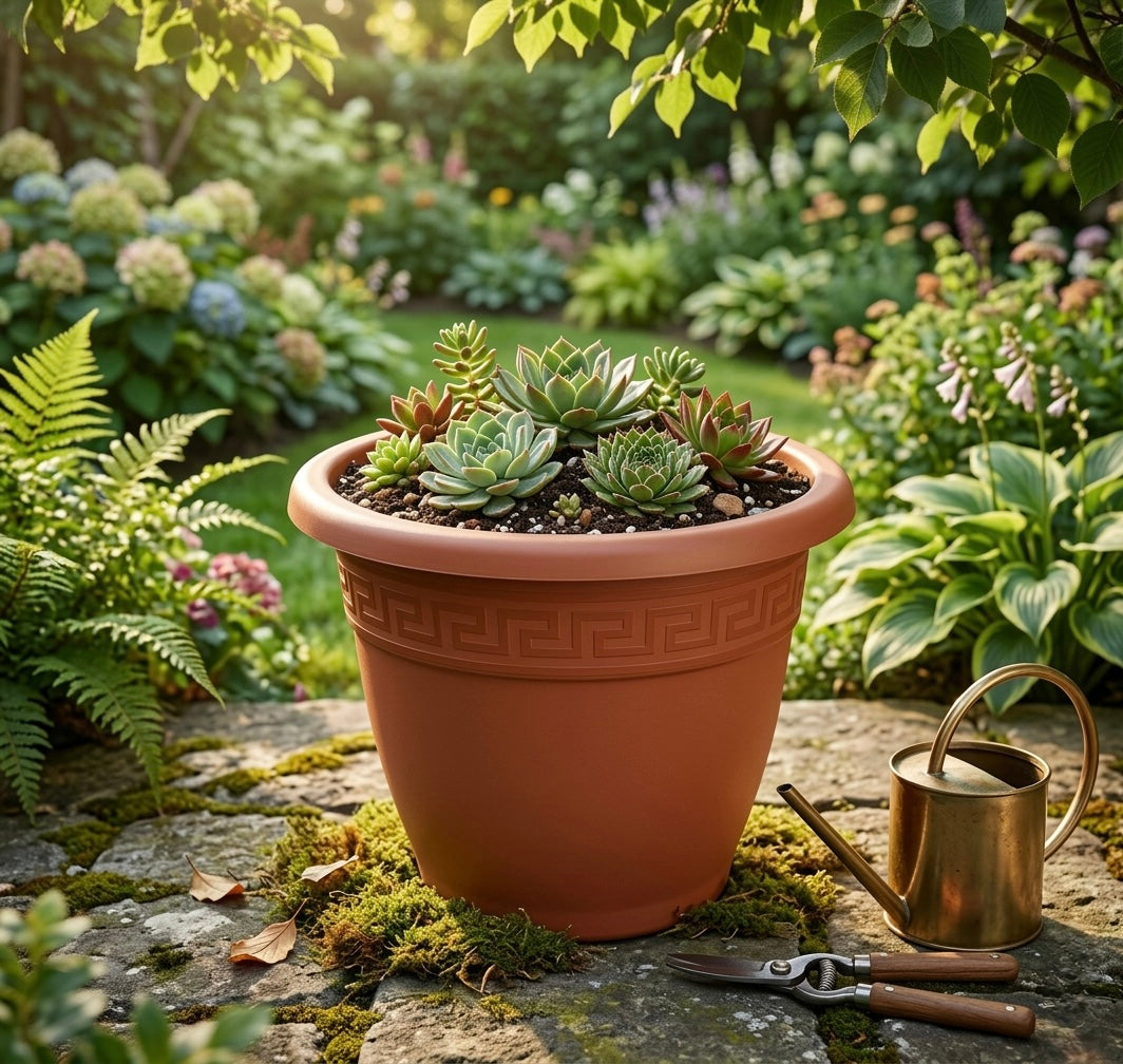 Set de 6 Macetas de Plástico con 6 Platos (14cm, 16cm,18cm, 20cm, 25cm, 30cm, 35cm o 40cm) Diseño elegante para Interiores y Exteriores, Patio y Decoración, Ideal para Verduras y Flores ,Maceteros de Jardín