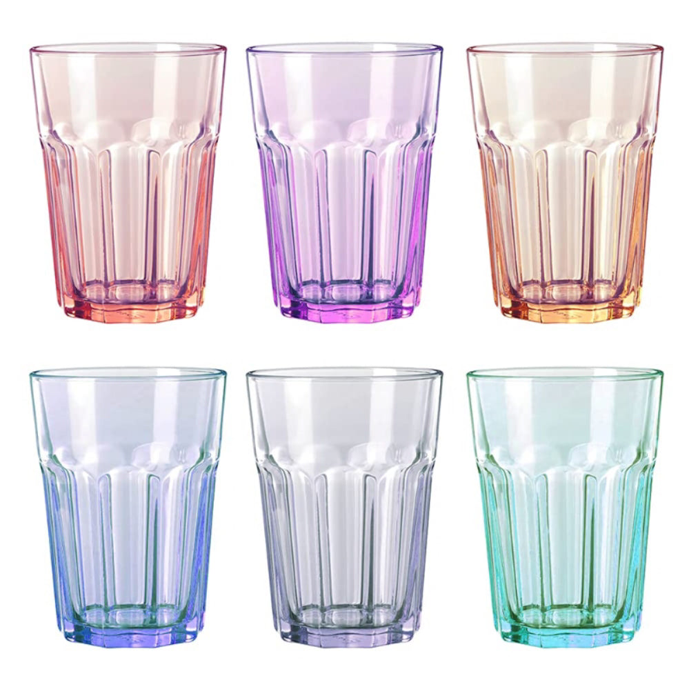 Set de 6 Vasos de Colores Pastel, Vasos de Cristal Multicolor Altos de 365cc,Aptos para Lavavajillas