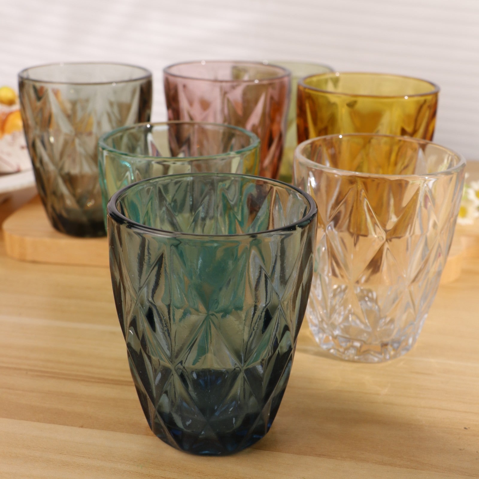 Set de 6 Vasos Colores, Vaso de Cristal agua de 300 ml, Vaso de Agua y Bebidas, Aptos para Lavavajillas (Azul)