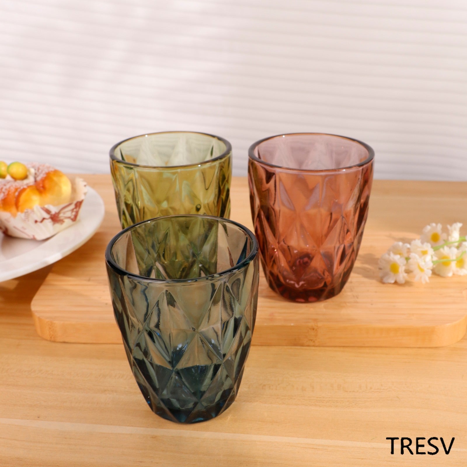 Set de 6 Vasos Colores, Vaso de Cristal agua de 300 ml, Vaso de Agua y Bebidas, Aptos para Lavavajillas (Azul)